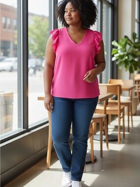 REITMANS  Pink Ruffle Sleeve V-Neck Sleeveless Top size xl
